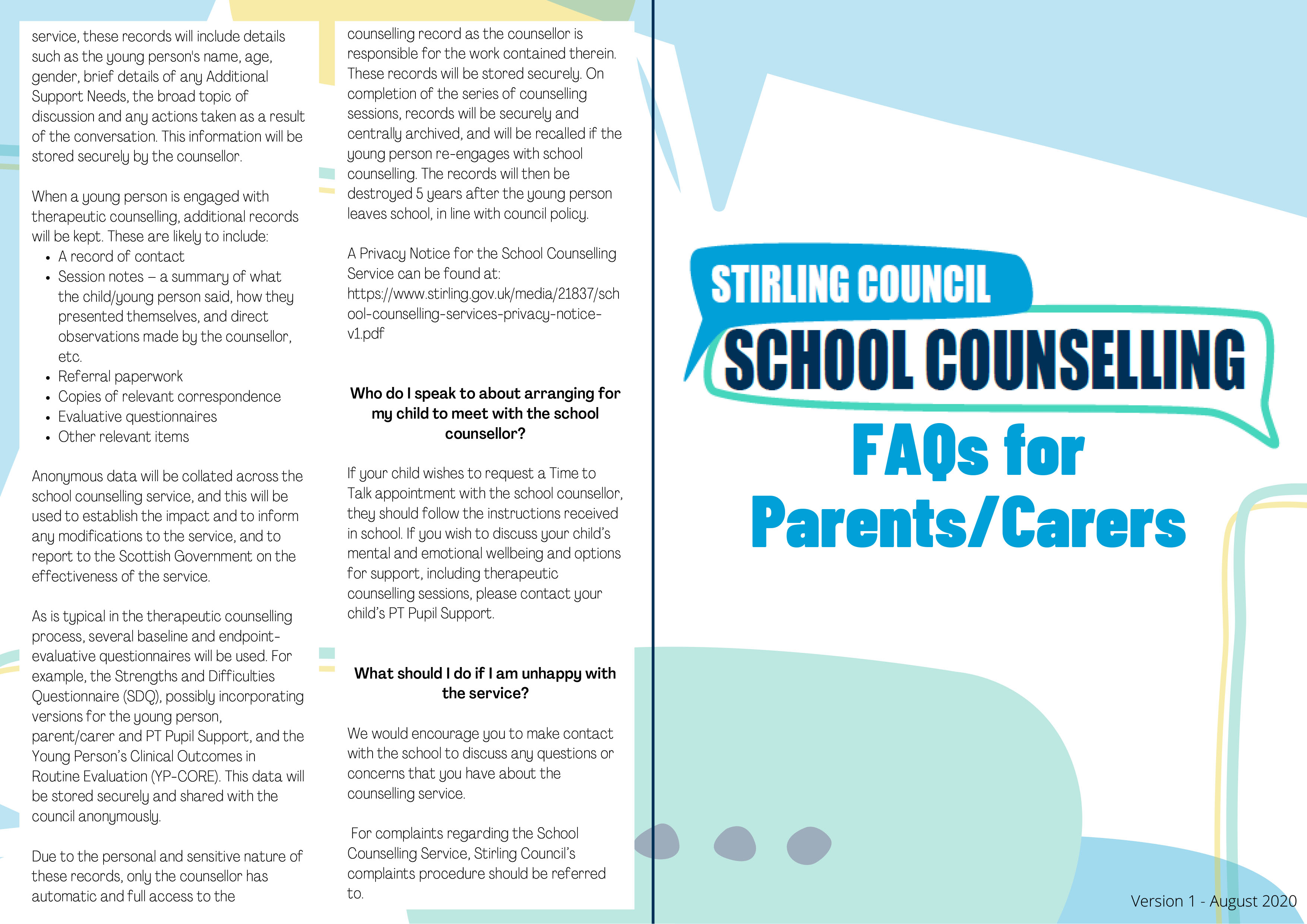 School Counselling FAQs for parents carers Oct 1