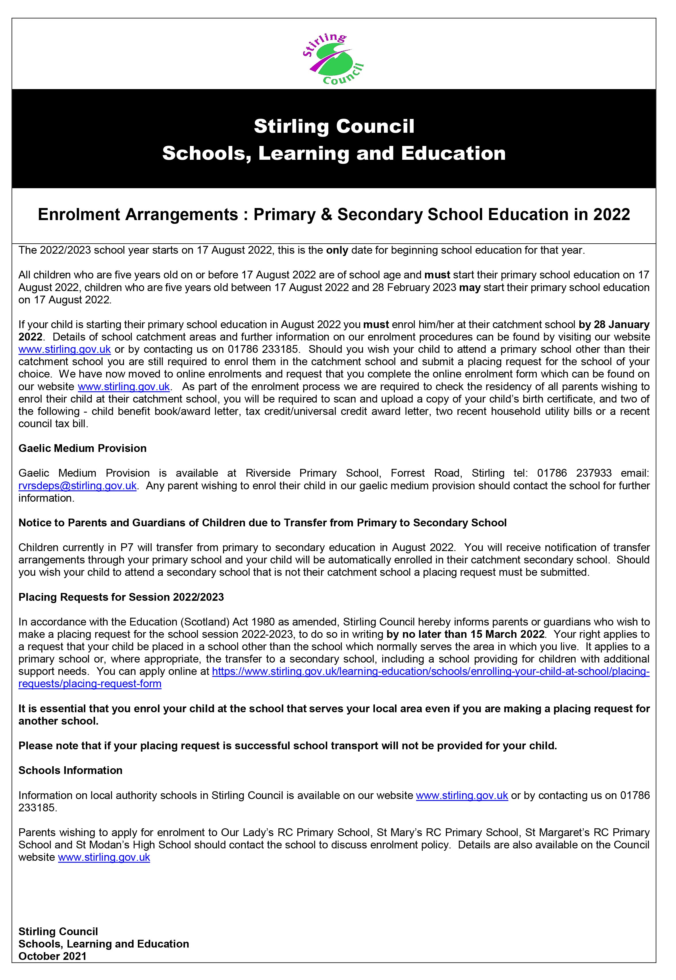 Enrolment Procedures Notice for 2022 23