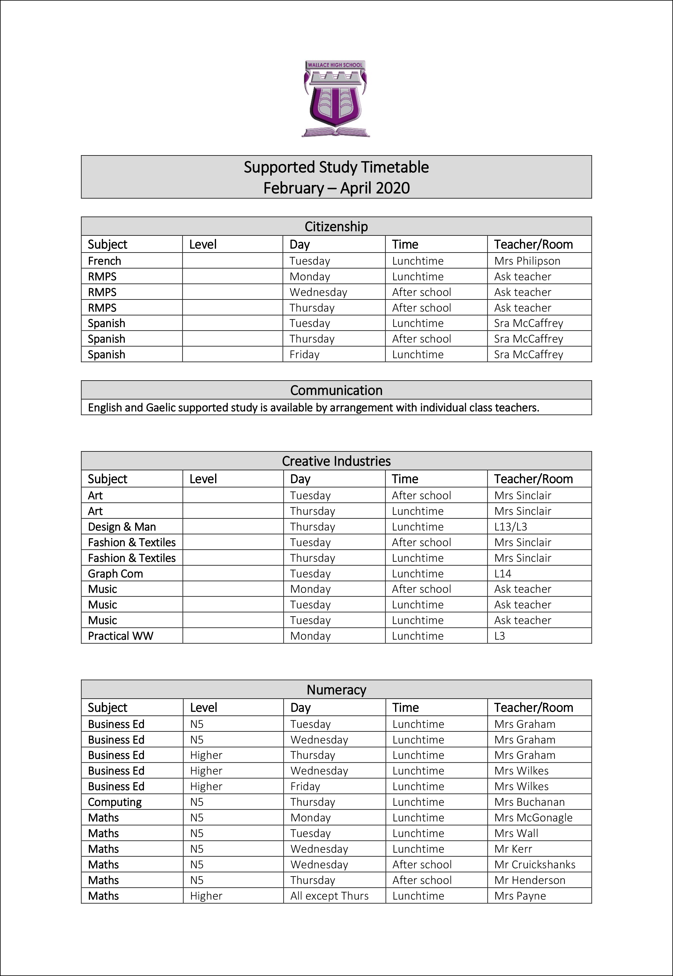 Supported Study Timetable 2020 1